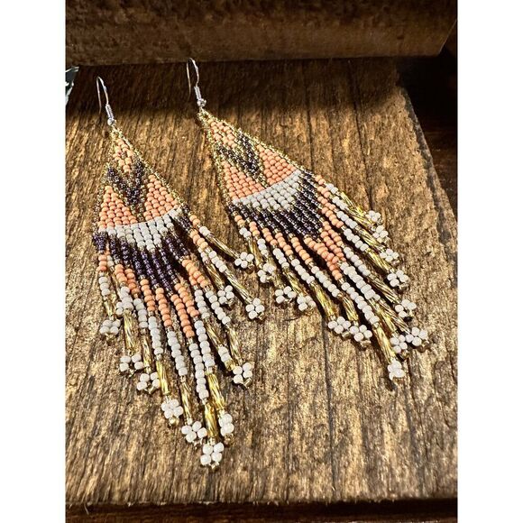 Handcrafted Bohemian Navajo Seed Bead Dangle Earrings with Peach Brown Accents - Picture 1 of 10